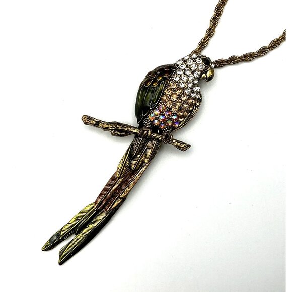 Vintage Rhinestone and Enamel Parrot Pendant Necklace Gold-Tone Metal 24" Chain - Picture 4 of 6